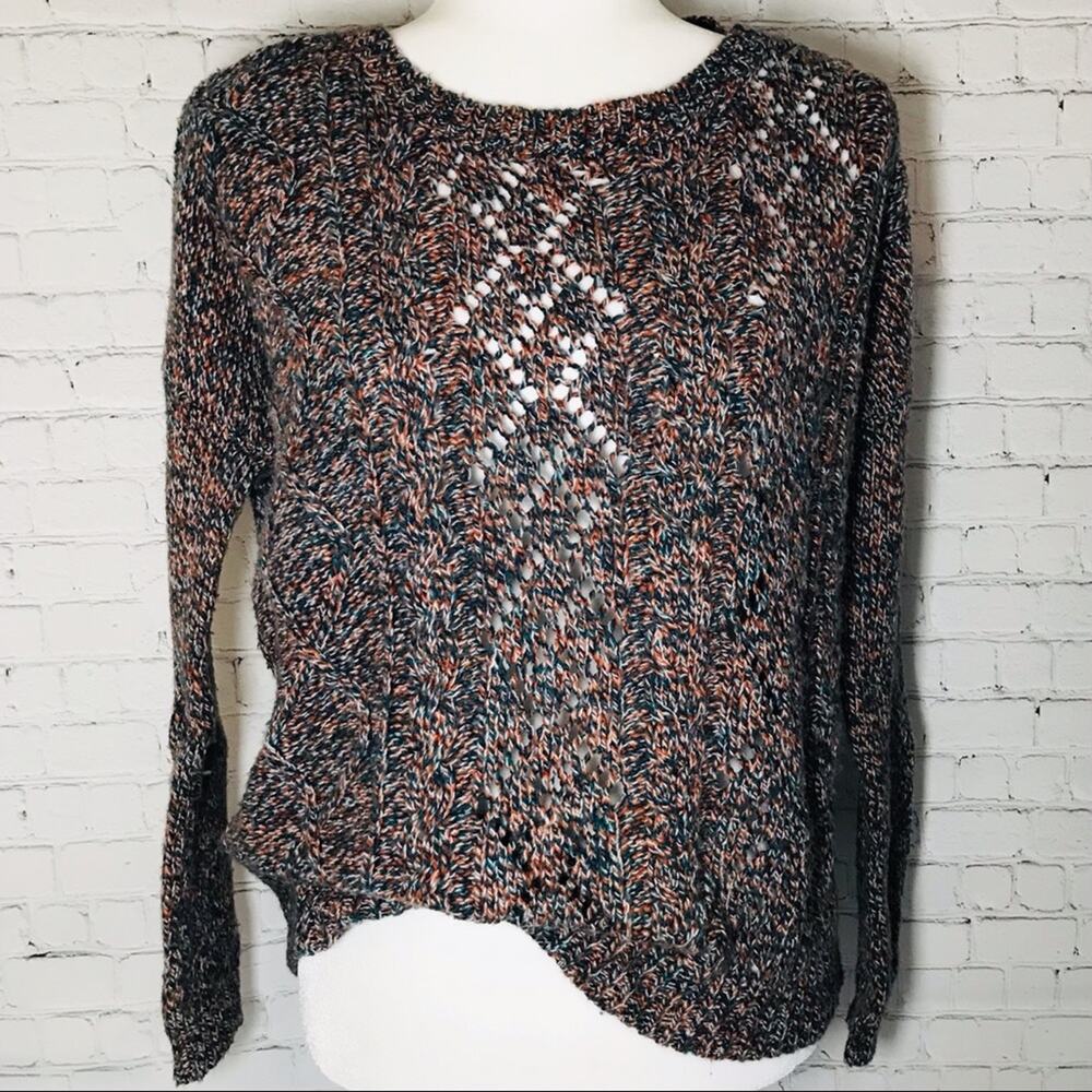 BCBG ARGYLE AMERICANA SWEATER CABLE KNIT FISHERMAN ORANGE BLUE MARBLE L